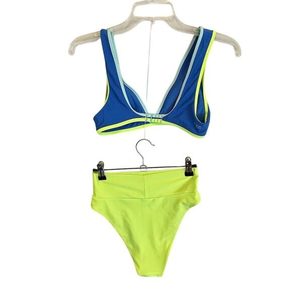 Aerie Women's Scoop V Neck Mesh Bikini Set Blue/Neon Green Size S - Picture 2 of 4